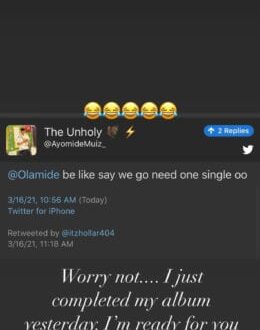 'I just completed my album yesterday,' says Olamide. (Instagram/Olamide)