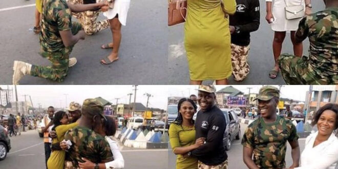 Two Nigerian soldiers propose to their girlfriends on the street in Delta (photos)