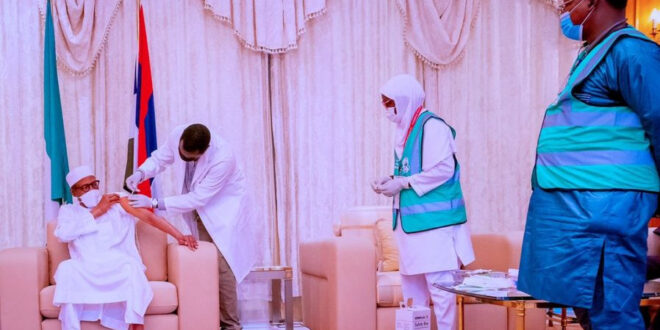 President Buhari receives second dose of the AstraZeneca/Oxford COVID-19 Vaccine at the State House (video)