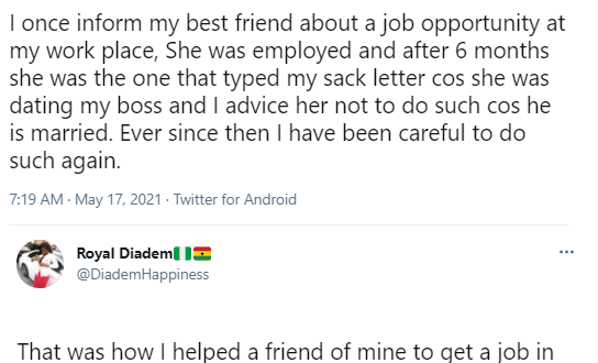 Woman narrates how jobless friend she informed of a job opening at her company betrayed her after she was employed