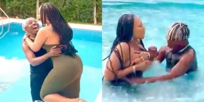 Hajia 4 Reall falls in swimming pool with Dancegod Lloyd during dance practice (WATCH)