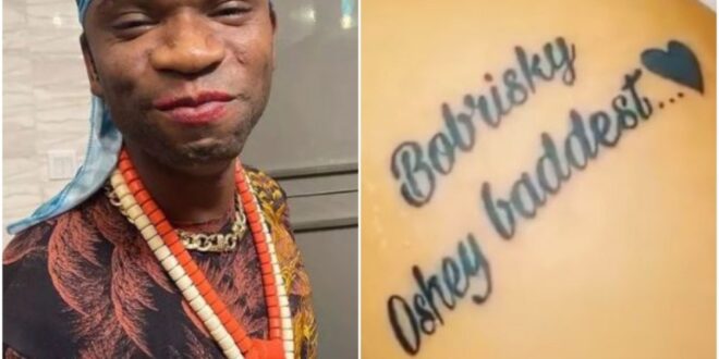 Speed Darlingon Reacts As Pretty Lady Tattoos Bobrisky’s Name On Her Body