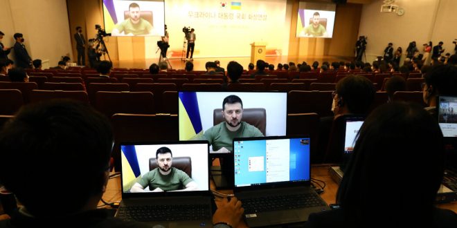 Zelensky says Ukraine takes ‘as seriously as possible’ an apparent threat of Russian chemical weapon use.
