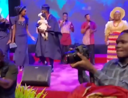 Comedian AY Makun and wife, Mabel dedicate their second child in church 13 years after welcoming their first child (video)