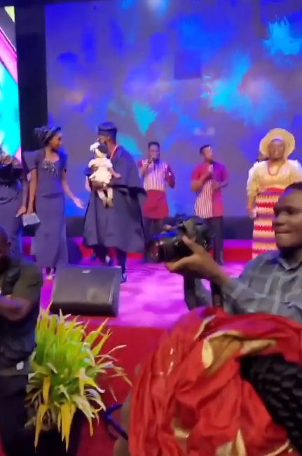 Comedian AY Makun and wife, Mabel dedicate their second child in church 13 years after welcoming their first child (video)