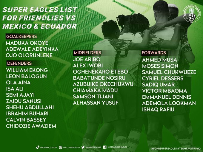 Super Eagles 30-man squad for Ecuador, Mexico Friendlies released