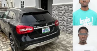 Two young suspected fraudsters arrested in Abuja as EFCC recovers Mercedes Benz GLE 2017 model, 2 MacBook pro, 2 gold wristwatches. (Photos)