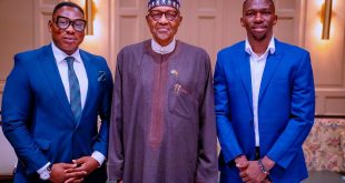 President Buhari meets  Daniel Omokachi and Kenneth Omeruo in Spain, receives signed balls and jerseys (photos)