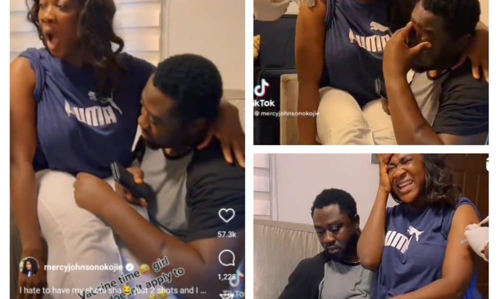 Reactions As Mercy Johnson’s Tired Husband Patiently Indulges Her While She Takes Vaccine