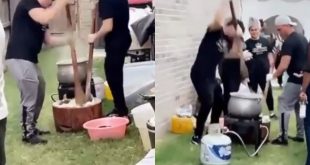 Shock as two white men are seen pounding yam for an event (video)