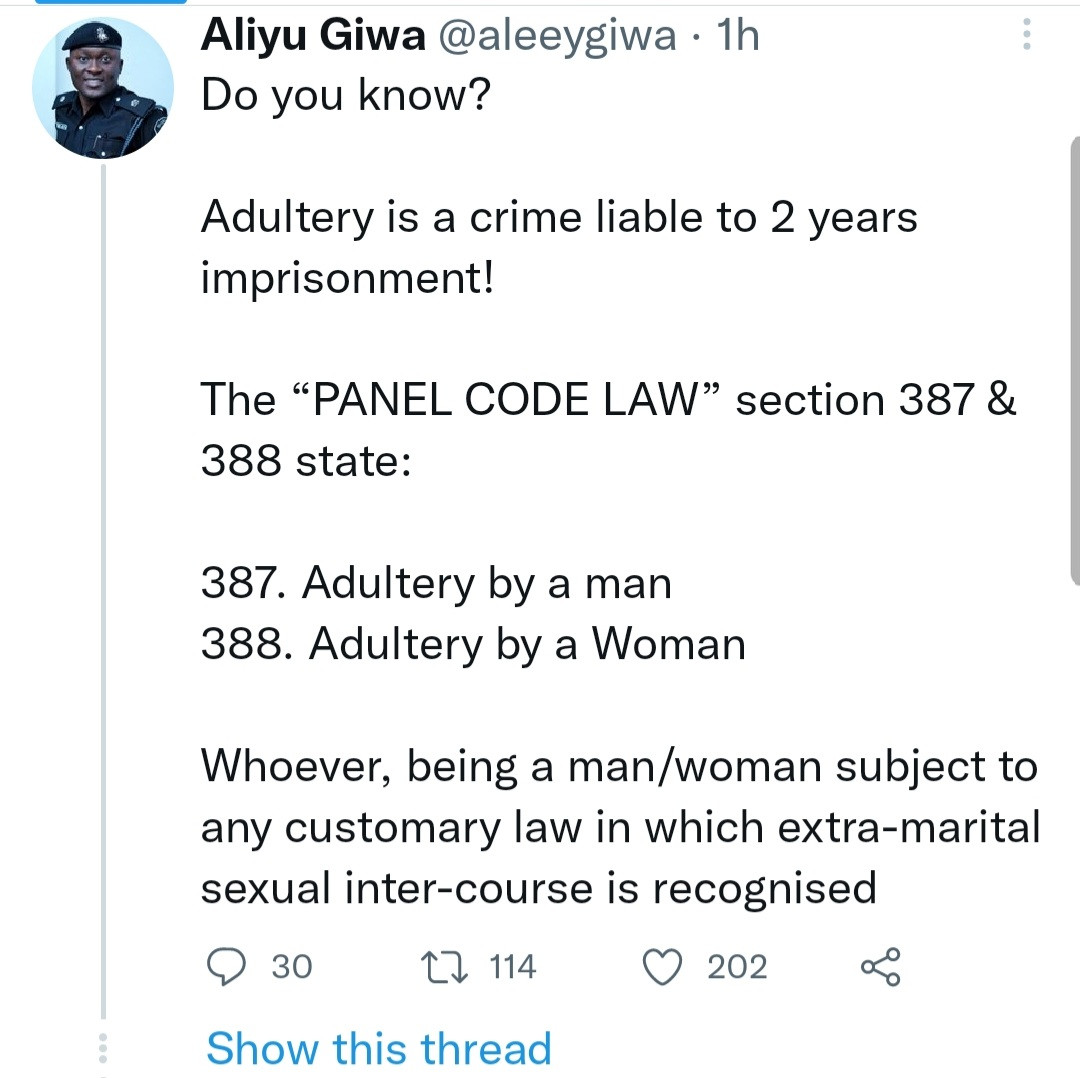 "Adultery is a crime liable to 3 years imprisonment" Former Lagos State Police PRO warns Nigerians