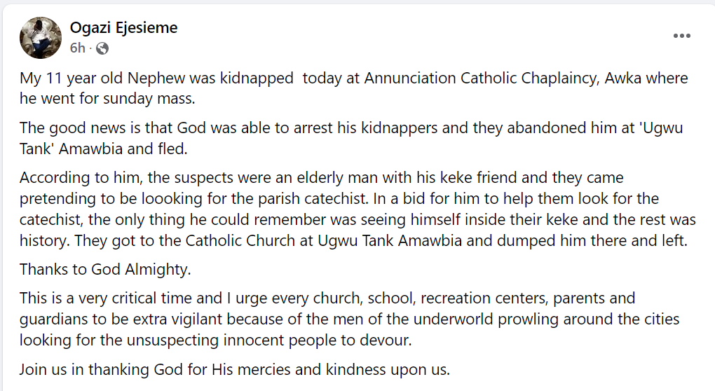 Kidnappers abduct 11-year-old boy in Anambra Catholic church