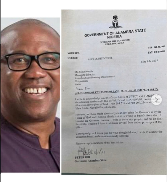 Letter Peter Obi wrote in 2007, rejecting lands allocated to him as Governor of Anambra state goes viral