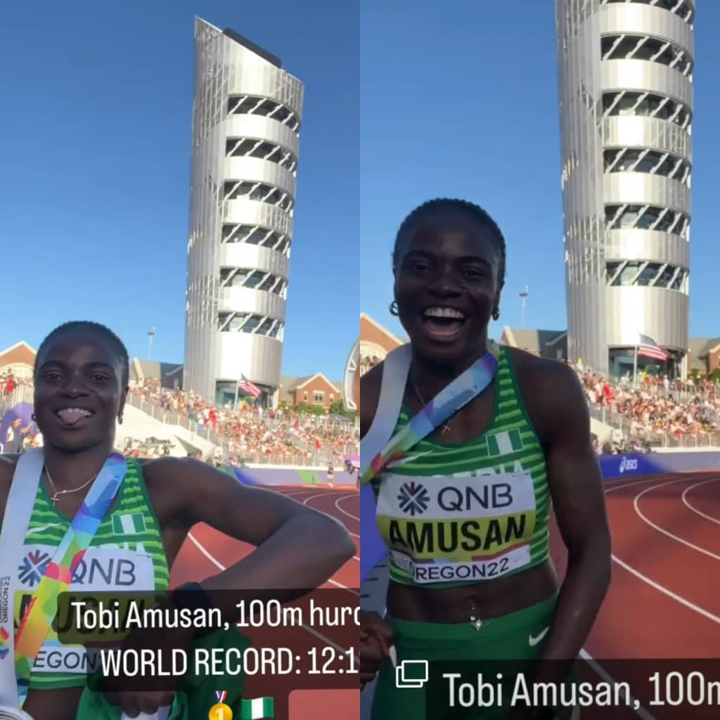 Watch Tobi Amusan do the Buga challenge after breaking the world record at the World Athletics Championship (video)