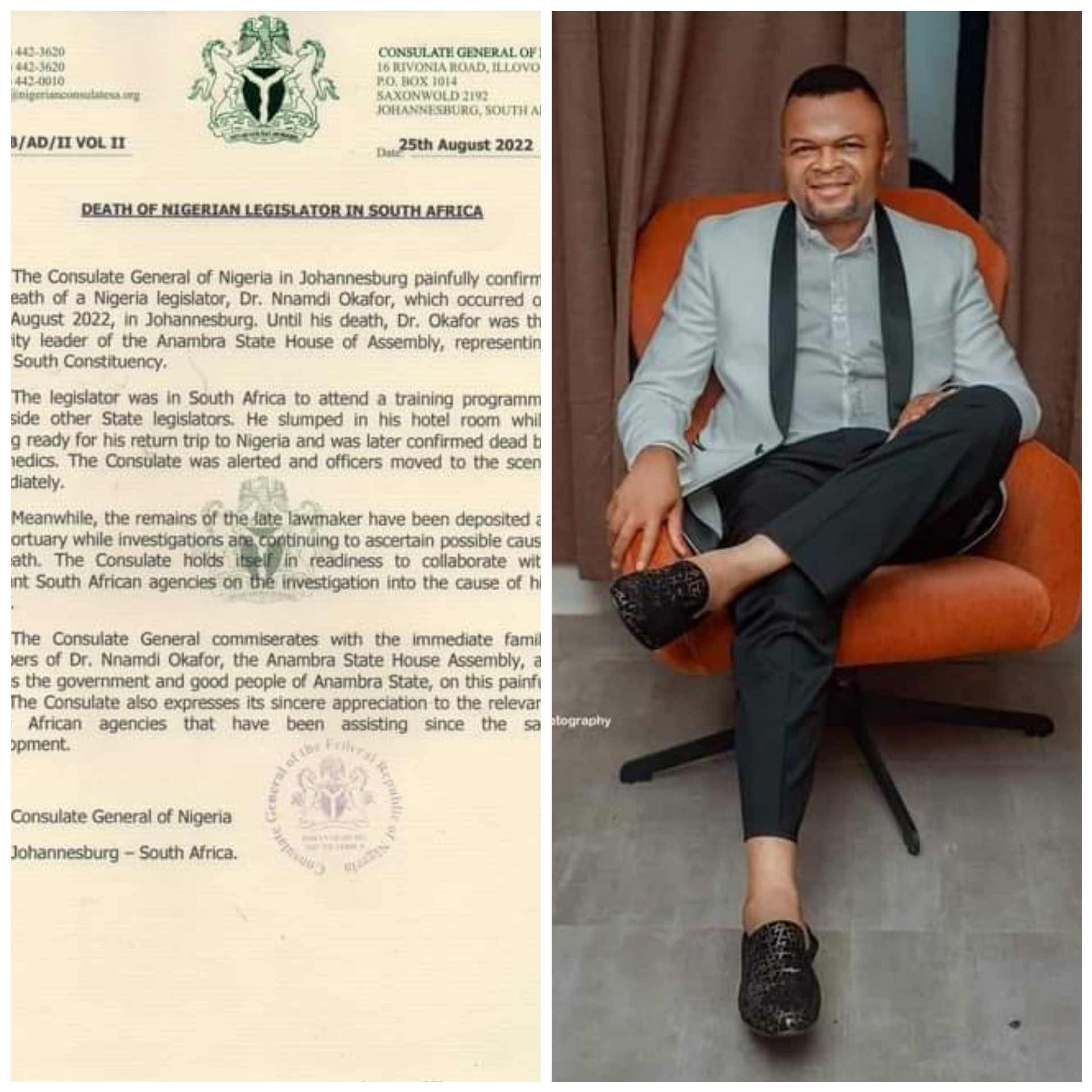 Investigations ongoing to ascertain possible cause of death of Anambra lawmaker in hotel room - Consul-General of Nigeria in Johannesburg, South Africa