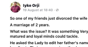 Man divorces his wife for refusing to change her surname to his in all her documents and social media handles