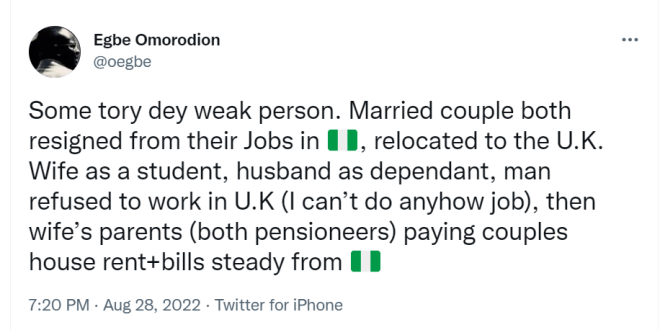 Twitter user narrates how a Nigerian man refused to get a job to assist his student wife after they relocated to the UK