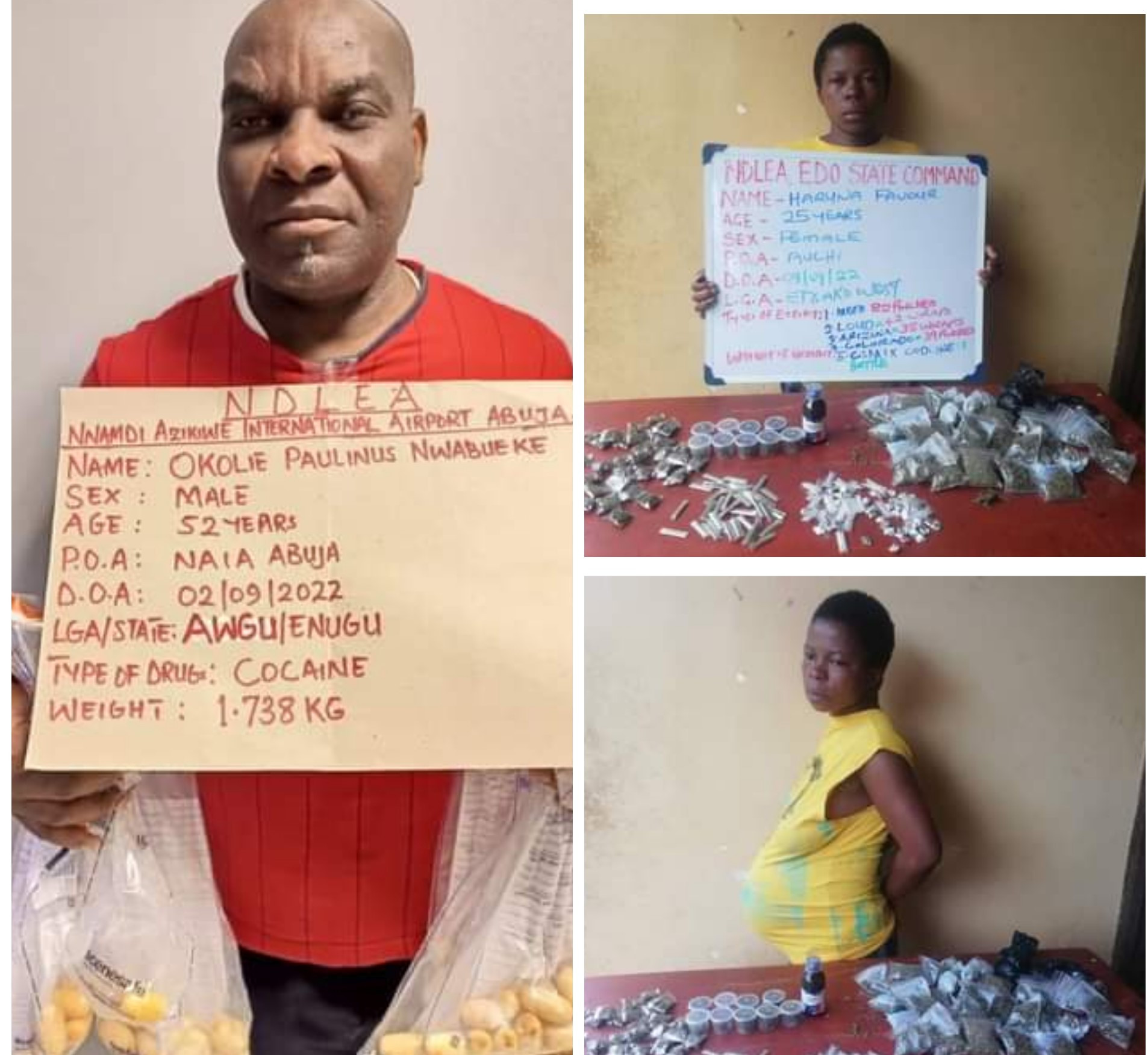 Brazilian returnee excretes 92 wraps of cocaine at Abuja airport as NDLEA arrests pregnant female drug dealer in Edo