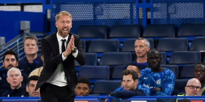 Chelsea head coach Graham Potter gestures on the touchline during Chelsea 1-1 Red Bull Salzburg in the Champions League on 14 September, 2022 at Stamford Bridge, London, United Kingdom