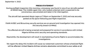 Suspected stowaway discovered in parked aircraft at Lagos airport