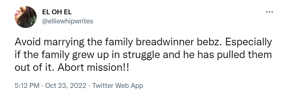 Avoid marrying the breadwinner in any family ? Twitter user tells women