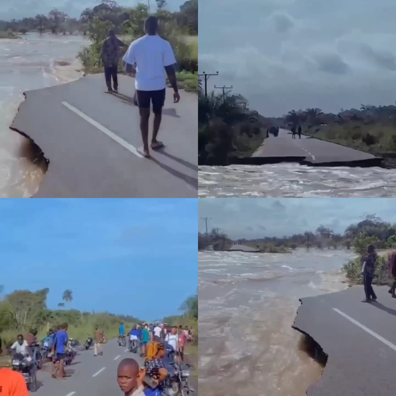 Commuters stranded as Yenagoa-Amassoma road in Bayelsa splits into two due to heavy flooding (video)