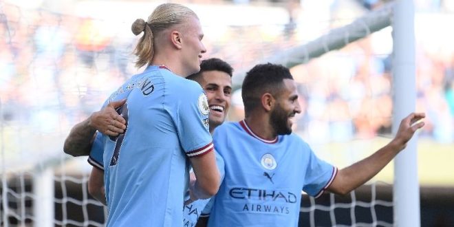 Erling Haaland celebrates after scoring Manchester City