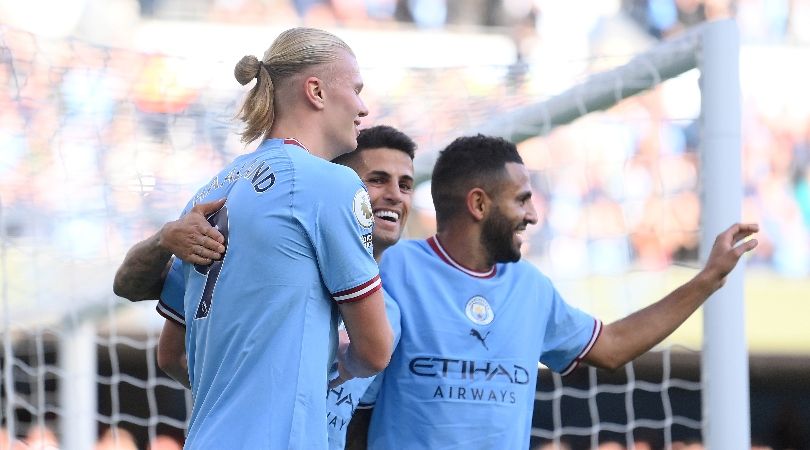 Erling Haaland celebrates after scoring Manchester City