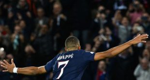 Kylian Mbappe celebrates scoring PSG