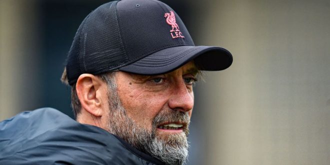Liverpool manager Jurgen Klopp during a training session at AXA Training Centre on October 14, 2022 in Kirkby, England.
