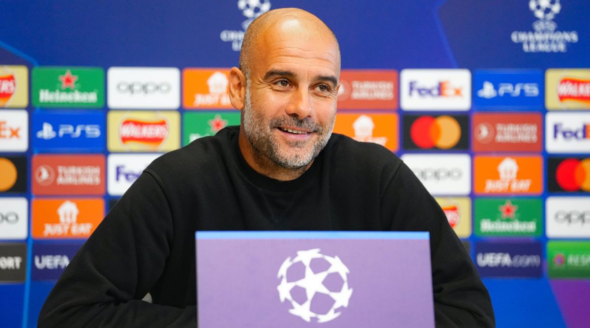 Manchester City manager Pep Guardiola giving a press conference