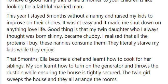 Nigerian lady narrates how her nanny quit her job because she is horny and can