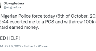 Nigerian man cries out for justice after policemen in Lagos allegedly took him to a POS operator and extorted N100,000 from him