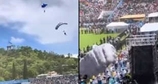 Ugandan paratroopers miss target, crash lands on spectators during Independence Day celebration (video)
