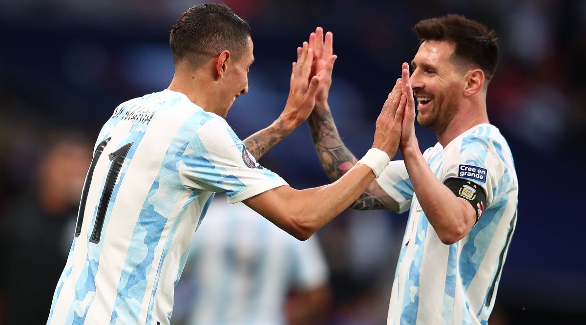 Argentina World Cup 2022 squad: Angel Di Maria of Argentina celebrates with team-mate Lionel Messi after scoring Argentina