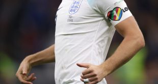England captain Harry Kane pictured wearing the One Love armband.