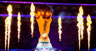 A huge version of the trophy at the opening ceremony of the 2022 World Cup in Qatar.