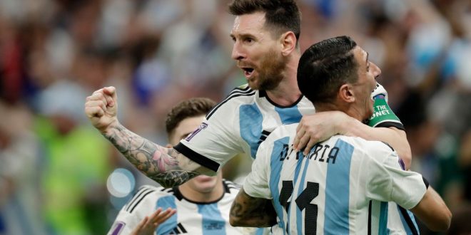 Lionel Messi celebrates his goal for Argentina against Mexico at the 2022 World Cup in Qatar.