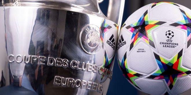 The Champions League trophy alongside the ball which will be used for the 2022/23 edition.