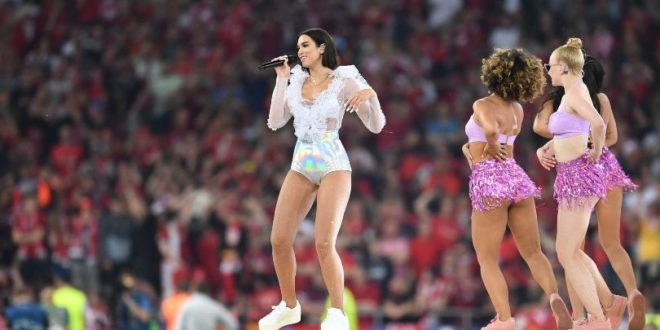 Dua Lipa performing ahead of the 2018 Champions League final between Real Madrid and Liverpool.