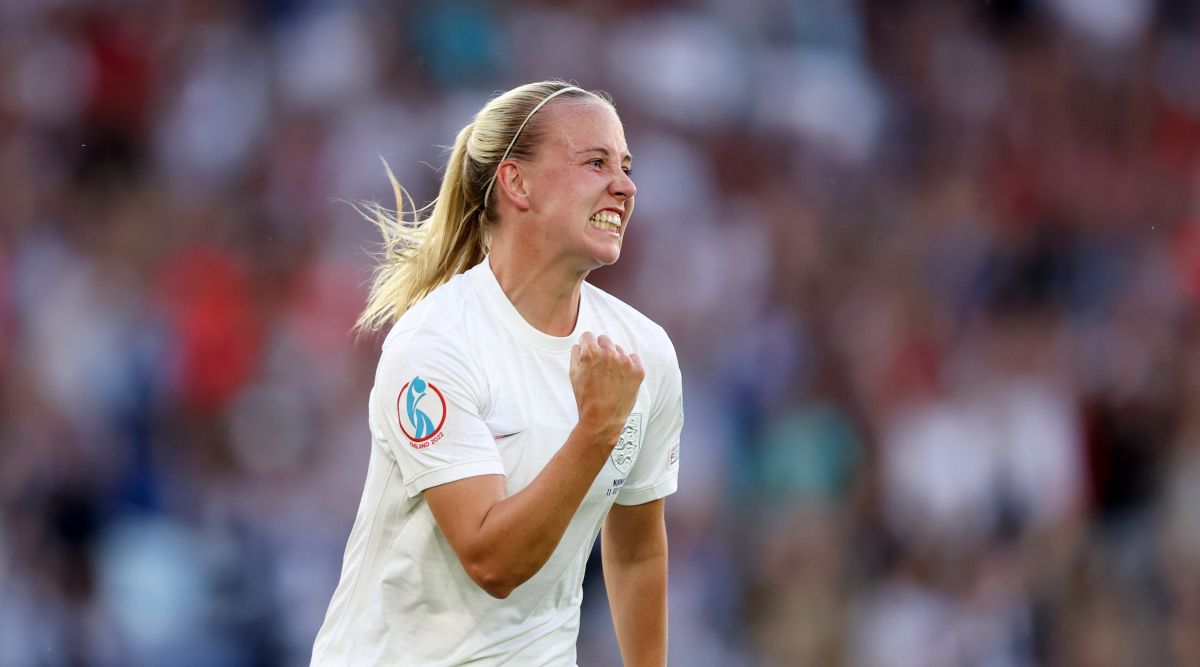 BRIGHTON, ENGLAND - JULY 11: Beth Mead of England celebrates after scoring her sides 5th goal during the UEFA Women
