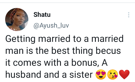 "Getting married to a married man is the best thing because it comes with a bonus; a husband and sister" - Nigerian lady says