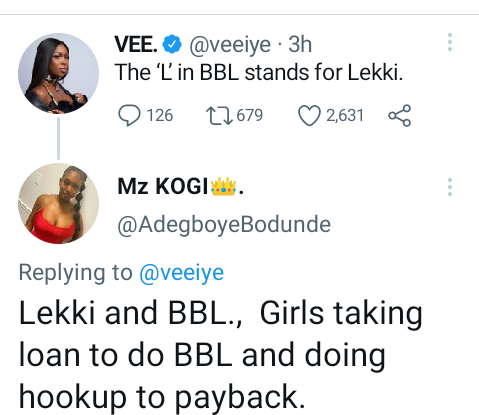 Lekki girls take loans to do BBL and do hookup to payback - Lady claims in response to BBNaija star, Vee