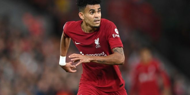 Liverpool forward Luis Diaz in action during the UEFA Champions League group A match between Liverpool FC and AFC Ajax at Anfield on September 13, 2022 in Liverpool, England.