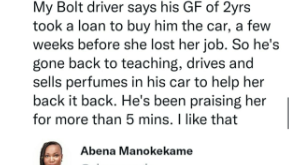 Mixed reactions as woman narrates encounter with Bolt driver whose girlfriend took a loan to buy him a car