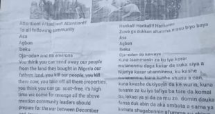 Panic in Ogun communities over alleged threat letter from suspected herdsmen