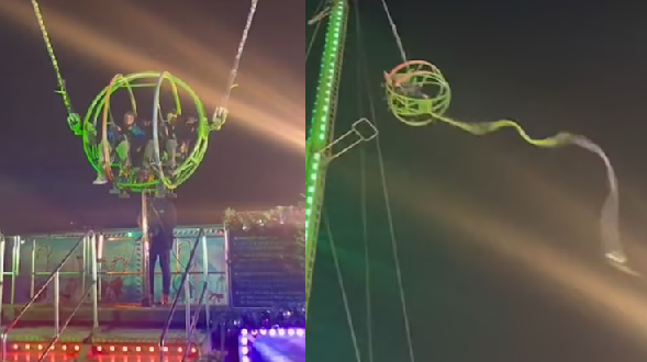 Scary moment a slingshot ride snapped, leaving passengers dangling in the air in London amusement park (video)