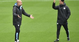 Pep Guardiola and Mikel Arteta on the Manchester City training ground