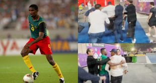 Video: Watch Samuel Eto'o kick a man outside World Cup stadium