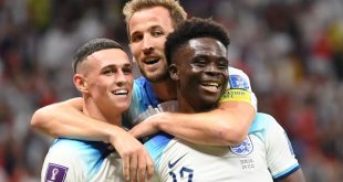 Phil Foden and Harry Kane celebrate with Bukayo Saka after England